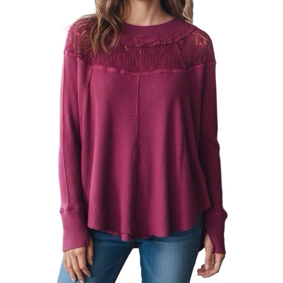 Free People Tops - FREE PEOPLE Lace Yoke Top Burgundy Waffle Knit Mock Neck M Boho